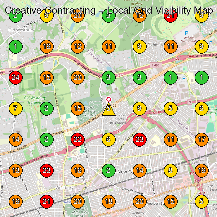 Creative Contracting Masonry Contractor GeoGrid ranking map for Westbury NY
